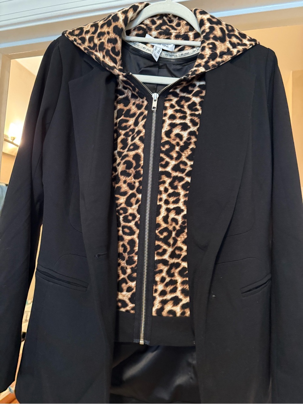 Black Blazer with Removable Leopard-Trim Hoodie Insert